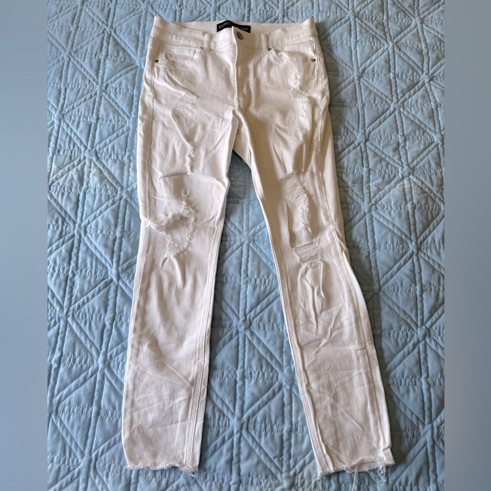 Express Women's White Distressed Ripped High Rise Ankle Jeans Leggings stretchy